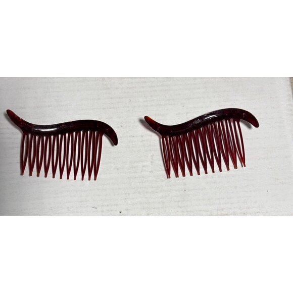 Vintage Hair Combs '40's Burgundy Swish Top Rhinestone Accents Hollywood Glam - Picture 7 of 9